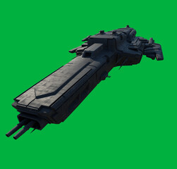 Deep Space Transport Starship on Green Screen Background - Left Front View, 3d digitally rendered science fiction illustration