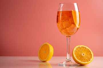 Glass of Aperol spritz cocktail on pink background.