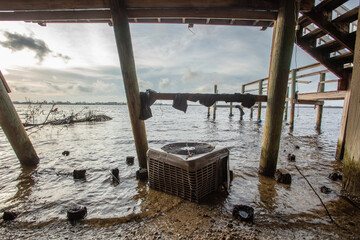 Half buried ac unit under building destroyed by hurricane IAN. 