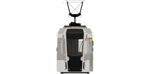 side view Passenger Tram Train, Streetcar. Modern Urban Tramcar. City Electric transport for make mockup Isolated on empty background