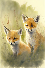 young fox cubs playing in the tall grass