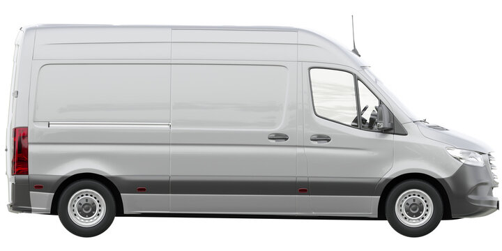 Side View Of White Delivery Van Side View On Isolated Empty Background For Mockup