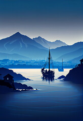 Coastal fishing village seascape art illustration. Silhouette of  seaside village landscape