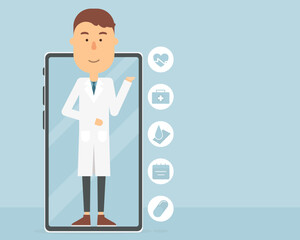 Free doctor online consultation on mobile app with male doctor on phone screen Telemedicine, Medical clinic on the online, online healthcare and medical consultation. Flat style vector design.