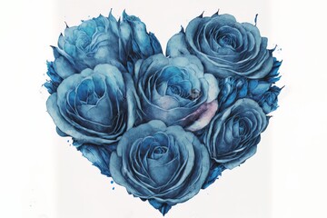 Watercolor of Blue Roses in a Heart Shape on White Background
