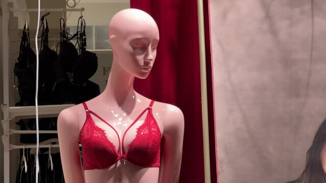 Female mannequin dressed in lace sexy bra stands in the showcase of a women's lingerie store