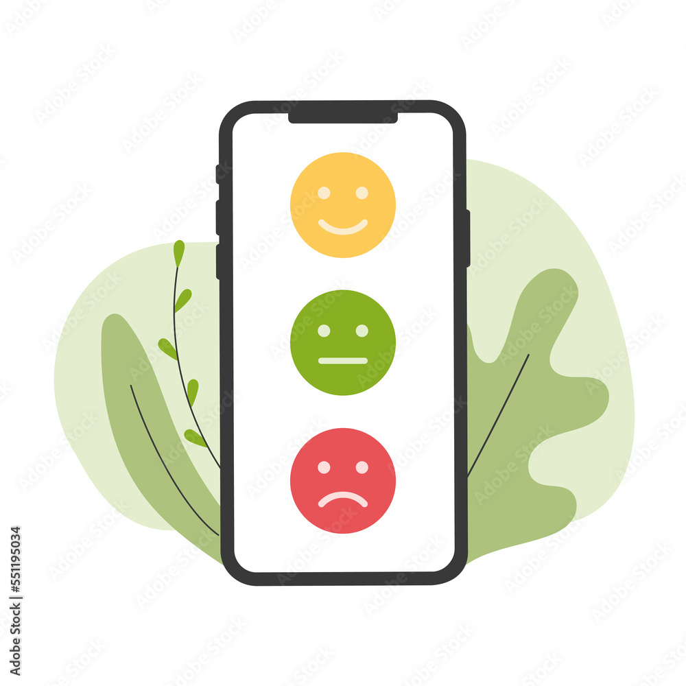 Poster feedback emotion scale on phone. reviews with good and bad rating. feedback in the form of emotions.