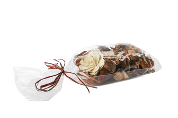Scented sachet of potpourri isolated on white