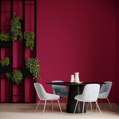 Meeting area or dining room with large black round table and lightblue gray chairs. Empty wall in viva magenta 2023 trend color accent. A large green plant. Dinning modern kitchen interior. 3d render