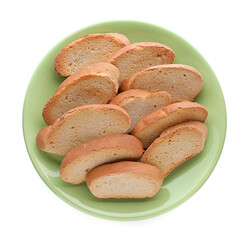 Plate of hard chuck crackers on white background, top view