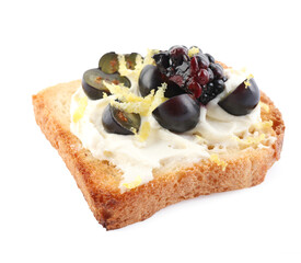 Tasty sandwich with cream cheese, blueberries, blackberry and lemon zest isolated on white