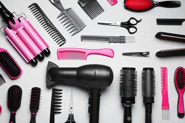 Flat lay composition of different professional hairdresser tools on white background