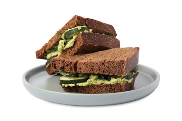 Tasty sandwiches with cucumber, cream cheese and dill isolated on white