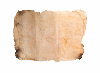 Piece of old paper with dark burnt borders isolated on white. Space for text