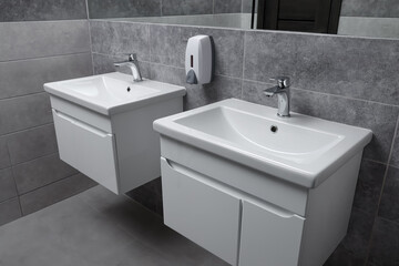 Public toilet interior with stylish white sinks and grey tiles