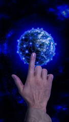 Man pointing at digital model of Earth on dark background, closeup