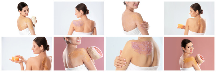 Collage with photos of young women applying body scrubs on different color backgrounds. Banner...