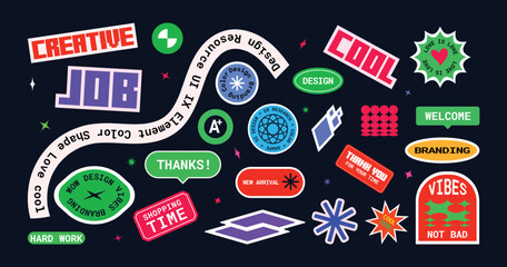 Set of labels, stickers, patches, tag, shapes, pins for modern UI design. Sticker Pack. Collection of trendy pins. Vector illustration