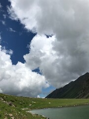 Fototapeta na wymiar Clouds over the mountains and mountain lake