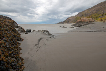 Mud beach at Beluga Point whale watching site on the Seward Highway near Anchorage Alaska United...