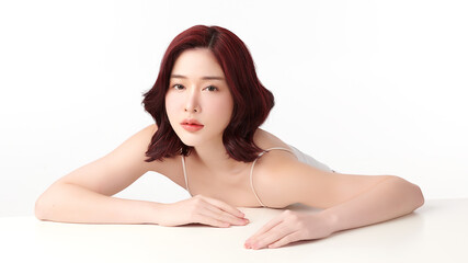 Beautiful young asian woman with clean fresh skin on white background, Face care, Facial treatment, Cosmetology, beauty and spa, Asian women portrait.