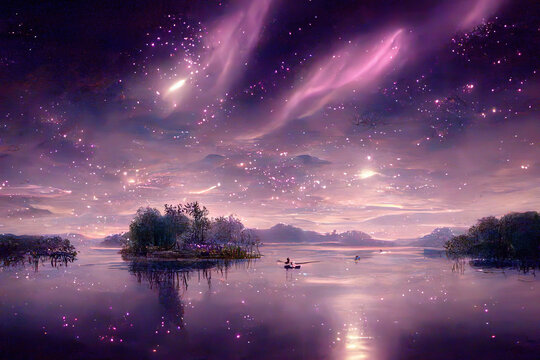 Starry night lake with bright star shine in the sky horizon reflecting on silky lake with splendid natural landscape in digital art AI generated image. Beautiful natural scenery of purple light night.