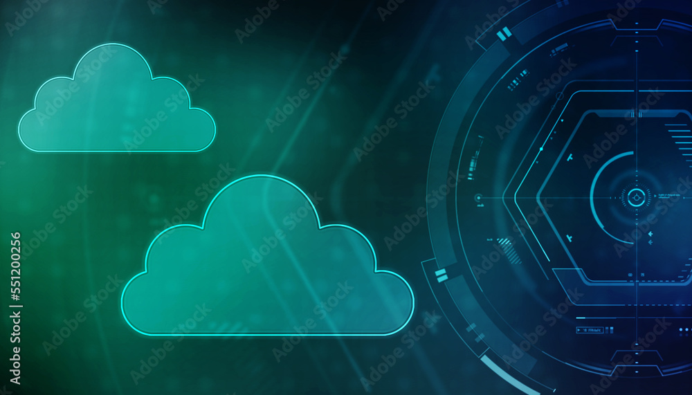 Poster 2d illustration of cloud computing, digital cloud computing concept background. cyber technology, in