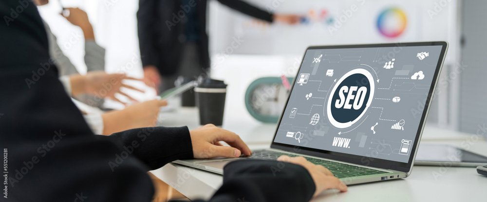 Poster seo search engine optimization for modish e-commerce and online retail business showing on computer 