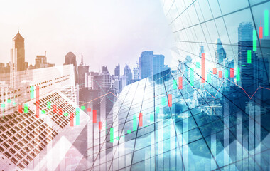 Financial graphs and digital indicators overlap with modernistic urban area, skyscrabber for stock market business concept. Double exposure.