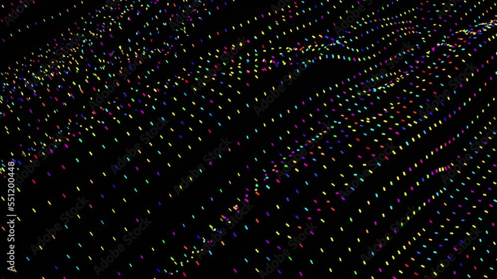 Poster abstract colored neon glitch boxes on a black background move in a waveform. 3d rendering animation