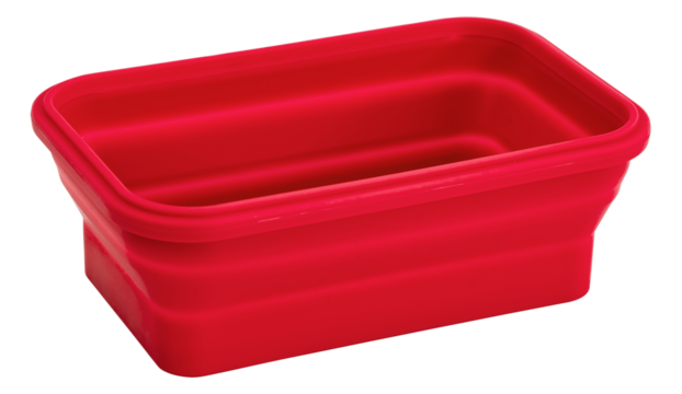 Collapsible silicone food storage containers, kitchen food boxes. Food Storage Container. Silicone Lunch Box. Foldable and hermetic seal insulated on a white background. Red.