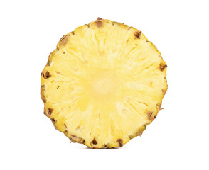 Cut circle of ripe pineapple is isolated on a white background.