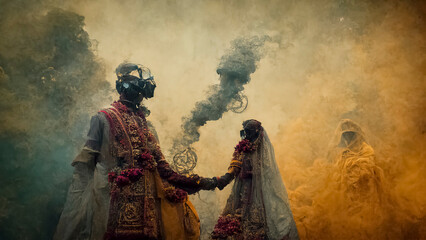 Fototapeta premium A very unique wedding event with colorful artificial smoke and beautiful decorations.