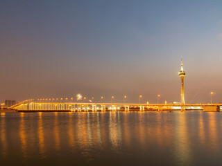 Night view of the fireworks over bridge