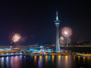 Fototapeta premium Night view of the fireworks over Macau Tower Convention and Entertainment Center