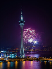 Night view of the fireworks over Macau Tower Convention and Entertainment Center