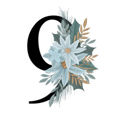 Obraz premium Floral number sign 9 nine with winter white and pastel blue flowers and leaves illustration. Botanical flower bouquet png for wedding invitation and monogram, logotype, baby shower, birthday