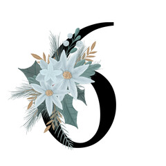 Floral number sign 6 six with winter white and pastel blue flowers and leaves illustration. Botanical flower bouquet png for wedding invitation and monogram, logotype, baby shower, birthday