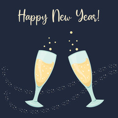 Happy New Year greetings vector with champagne glasses toasting