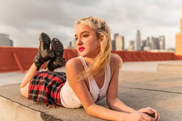Young Los Angeles citizen enjoys the afternoon light on a DTLA rooftop