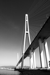 Selective focus. Cable-stayed bridge in Vladivostok. Golden bridge.