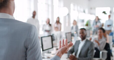 Leadership, presentation and woman with audience in office speak in staff convention, seminar and workshop. Business, coaching and hand of corporate manager talking to group of employees in meeting