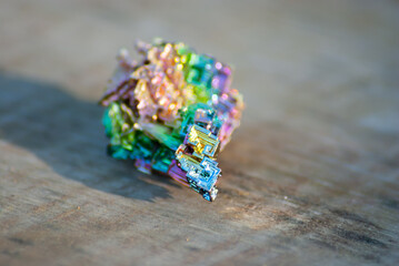 Selective focus. Bismuth. Beautiful mineral stone. Isotope.