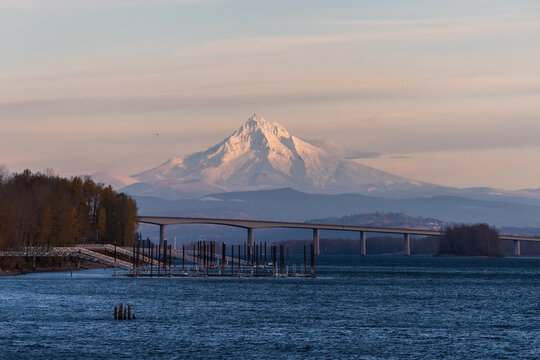 Mt Hood, Oregon, winter sunset over the Columbia River from Vancouver Washington, Pacific Northwest United States