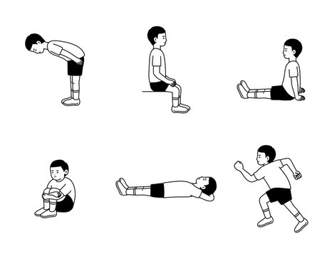Cute character set of boy in various poses and activities. A collection of cute elementary school student. Running, greeting, sitting, lie down, crouch. Simple line drawing. Flat vector illustration.