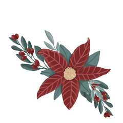 Pencil hand drawing cozy Christmas poinsettia bouquet illustration. Colorful children cartoon clipart on isolated background. Can be used for sticker, print, spainting for Christmas Sublimation.