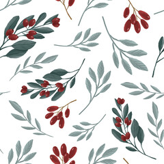 Cute Christmas winter floral seamless pattern on white background. Hand painted green fir, pine twigs, red berries, snowflakes illustration. Cartoon cute endless pattern for wrapping paper