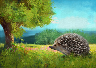 Paintings summer landscape. Beautiful illustration for a children's book, blooming meadow, hedgehog in the grass. Fine art, artwork