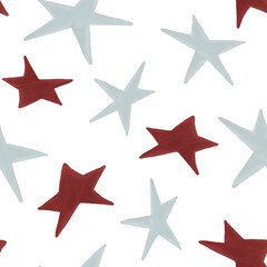 Pencil hand drawn cozy red and grey stars seamless pattern, png illustration. Colorful children cartoon clipart on isolated transparent background. 