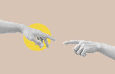 Digital collage modern art. Helping hand, Hand reaching together